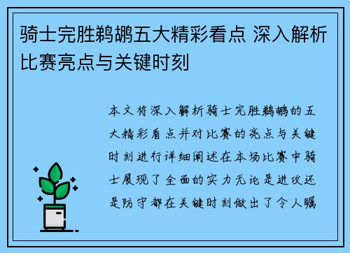 骑士完胜鹈鹕五大精彩看点 深入解析比赛亮点与关键时刻
